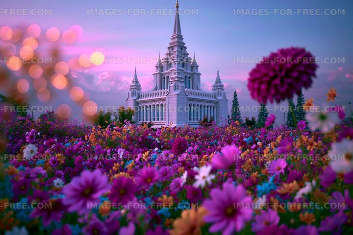 Colorful flowers surround a large building at sunset