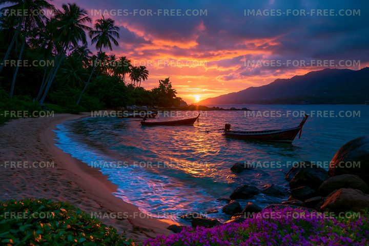 Sunset over a tropical beach with boats and palm trees