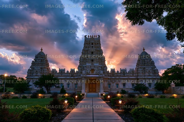 Sunset view of a large temple with intricate architecture
