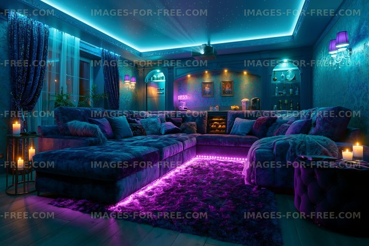 Cozy living room with purple lighting and candles at night