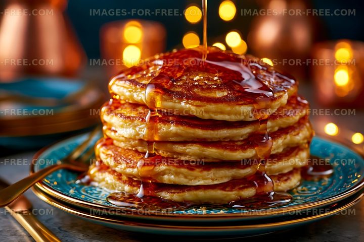 Stack of pancakes with syrup on a plate