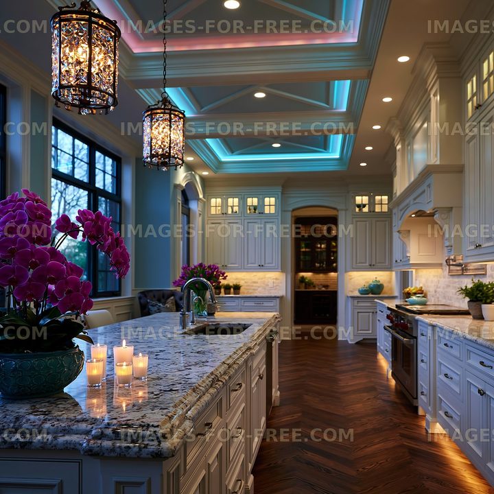 Modern kitchen with elegant design and ambient lighting