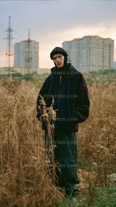 Young person standing in tall grass near buildings during sunset