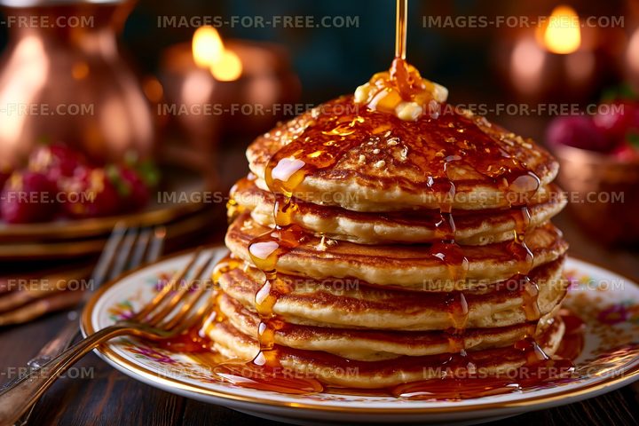 Stack of pancakes with syrup and butter on a plate