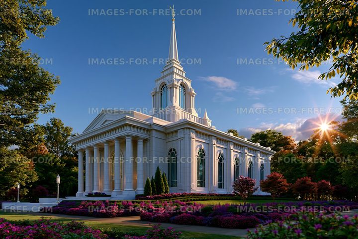 Church building with white architecture and colorful flowers