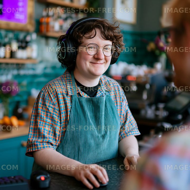 Barista serving coffee at a cafe with headphones