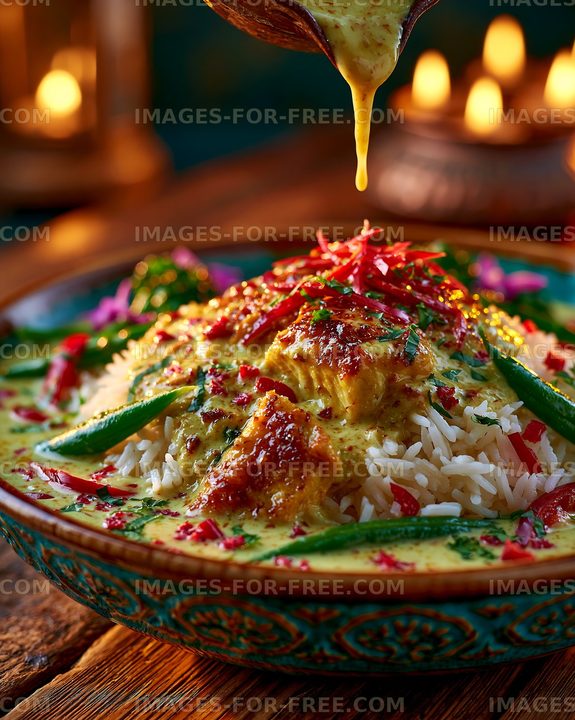 Vibrant plate of rice with curry and vegetables being served