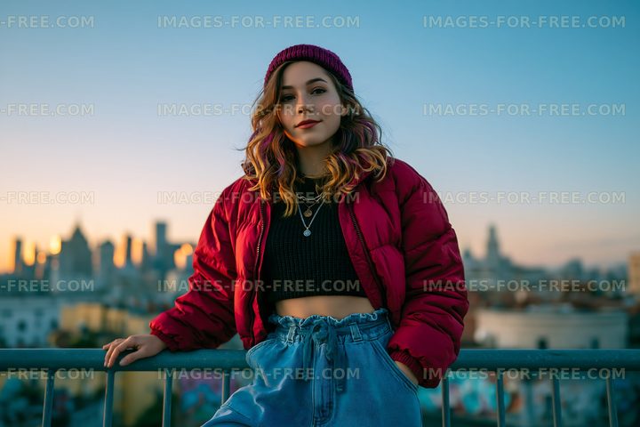 Woman in red jacket poses over city skyline at sunset