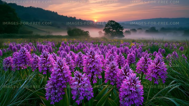 Violet flowers bloom in meadow during sunrise near hills