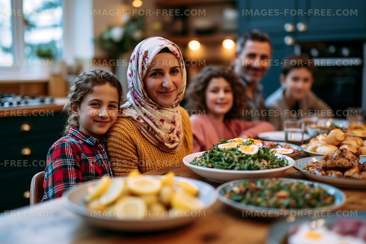 Family gathering around a table with homemade food and drinks