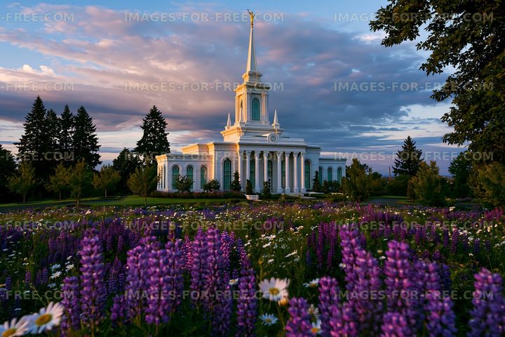 Church building surrounded by flowers and trees at sunset