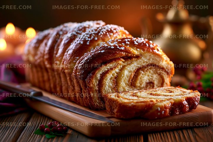 Freshly baked sweet bread on wooden board with decorative lighting