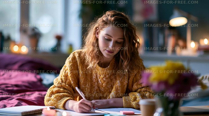 Woman writing in a cozy setting with flowers and warm lighting