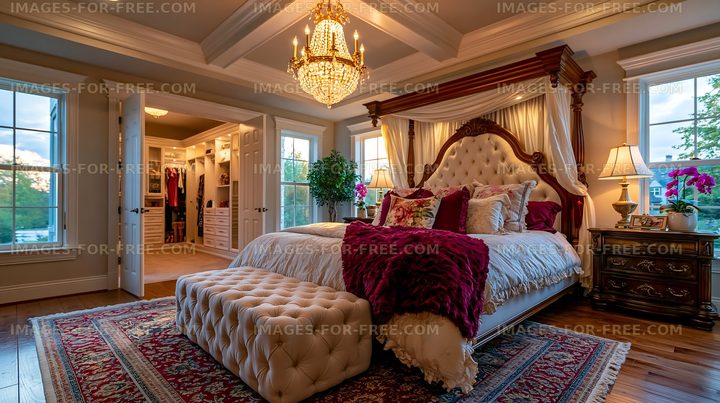 Luxury bedroom with elegant decor and spacious closet