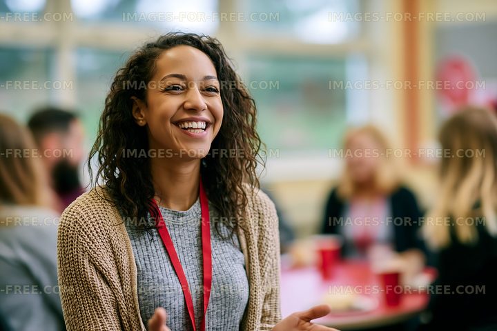 Woman smiling during a group discussion in a casual setting