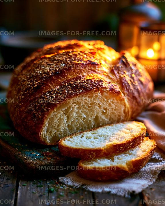 Freshly baked bread loaf on wooden table with slices cut