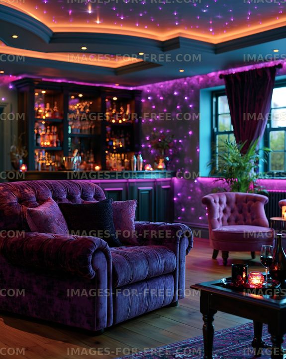 Cozy lounge area with purple lighting and comfortable seating