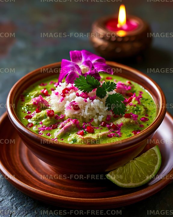 Healthy green curry with rice and garnish served in a bowl