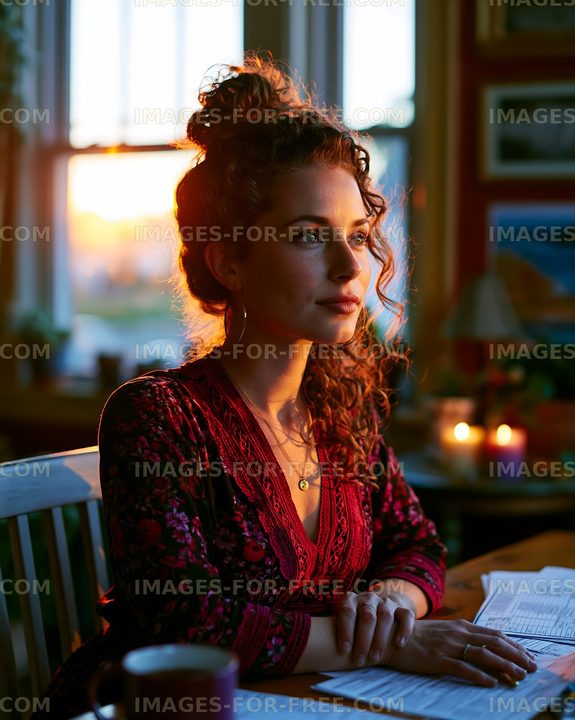Woman sitting at a table looking out of a window during sunset