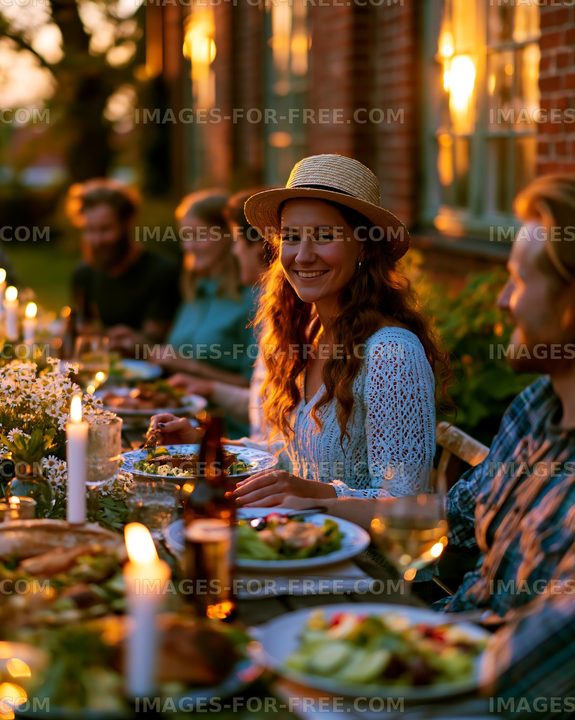 Gathering at sunset with friends around a table of food