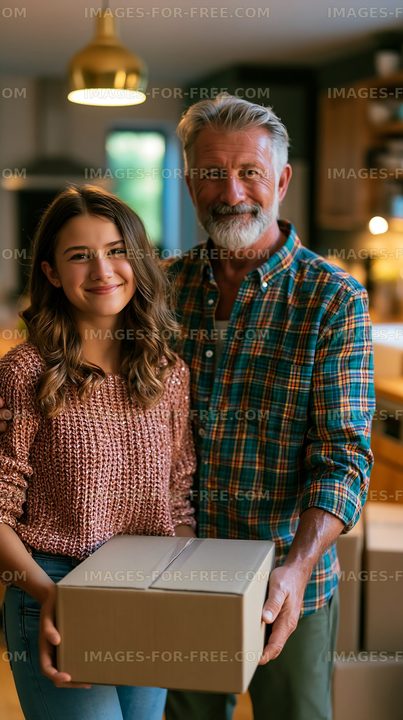 Man and girl in kitchen holding box together