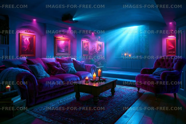 Cozy living room with ambient lighting and artistic decor