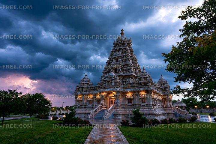 Beautiful temple structure under stormy sky at dusk