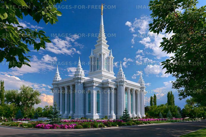 White temple surrounded by greenery and colorful flowers