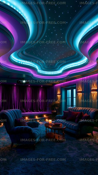 Cozy indoor space with colorful lighting and comfortable seating