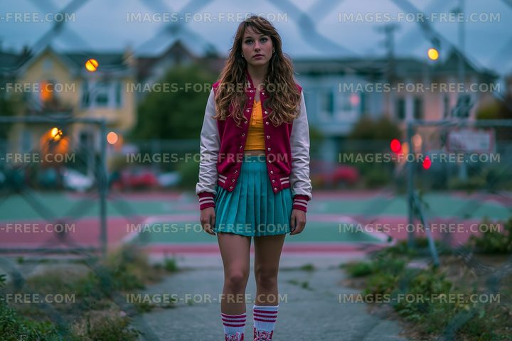 Young woman in a pink jacket standing near a tennis court at dusk