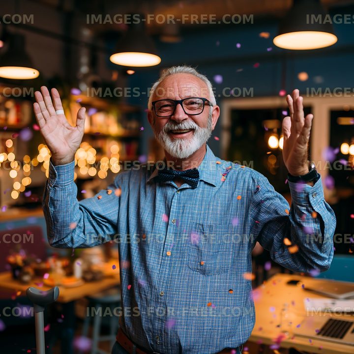 Man celebrating at a party with confetti in a lively indoor setting