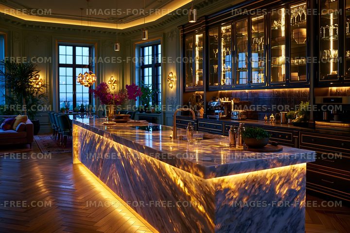 Modern kitchen interior with marble countertop and evening lighting