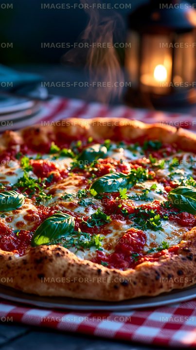 Pizza with basil and tomato sauce on a checked tablecloth