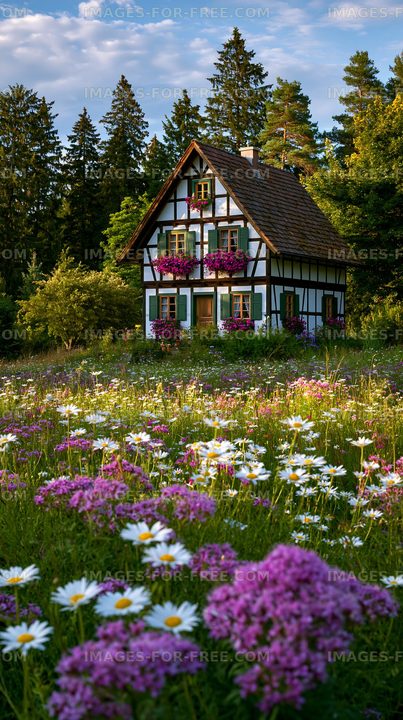 House surrounded by flowers and trees in a forest area