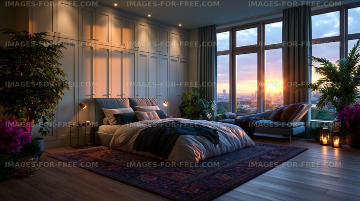 Modern bedroom with sunset view over city skyline