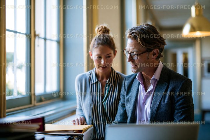 Two professionals discuss work in a modern office setting