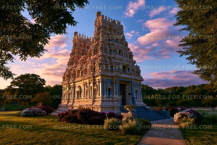Sunset view of a Hindu temple surrounded by trees and flowers