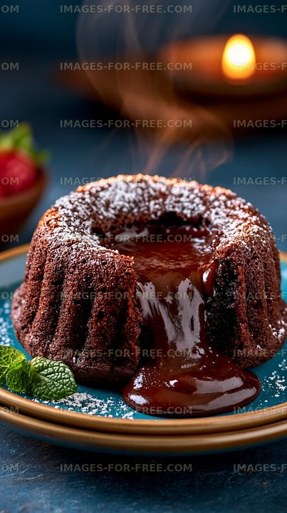 Hot chocolate lava cake on a blue plate with fresh mint