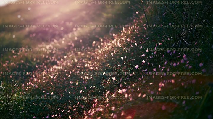 Sunlight shining on flower petals in a grassy field