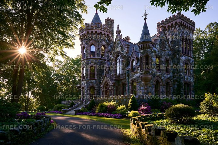 Historic stone castle surrounded by trees and garden