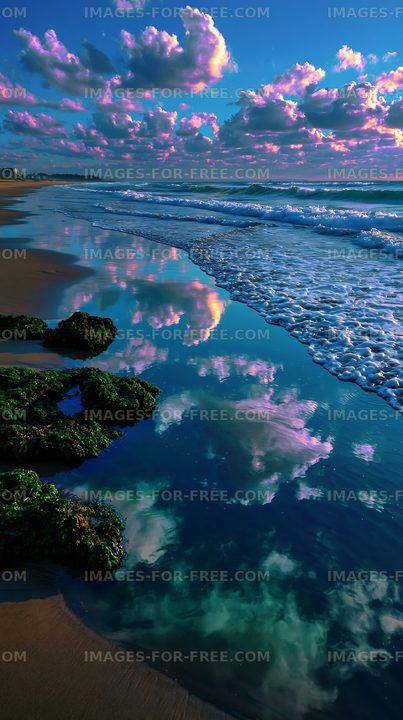 Sunset over ocean with rocks and clouds reflecting on water