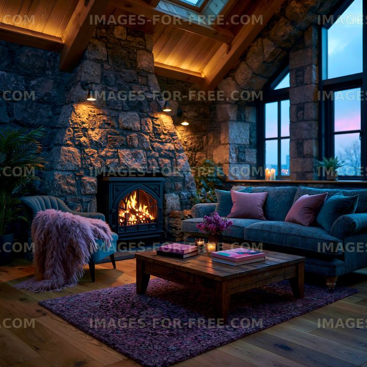 Cozy living room with stone walls and fireplace at sunset