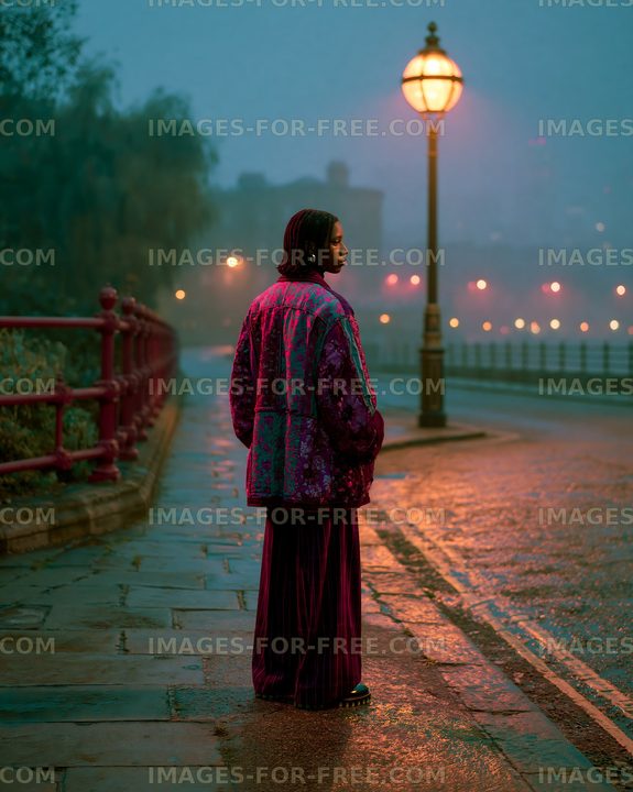 Woman standing on a rainy street near a lamp post in the evening