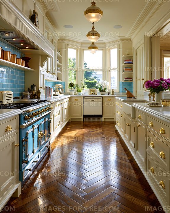Bright kitchen interior with large windows and wooden flooring