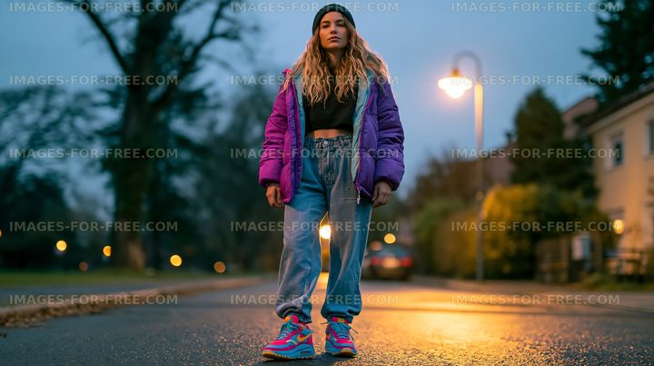 Young person standing on street at dusk in urban setting