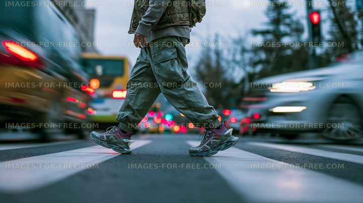 Person crossing a street with moving vehicles in a city