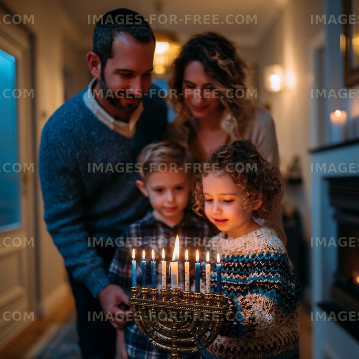 Family celebrates Hanukkah by lighting menorah at home