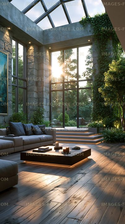 Bright sun shining through large windows in modern living room