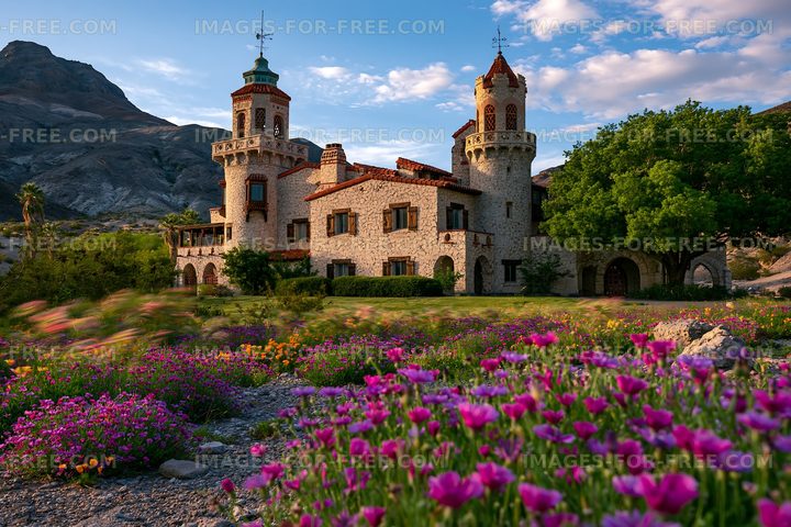 Historic castle with towers surrounded by colorful flowers