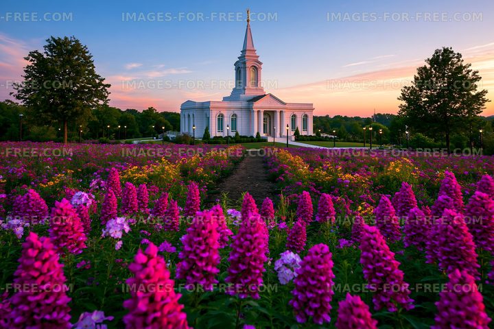 Church surrounded by colorful flowers at sunset